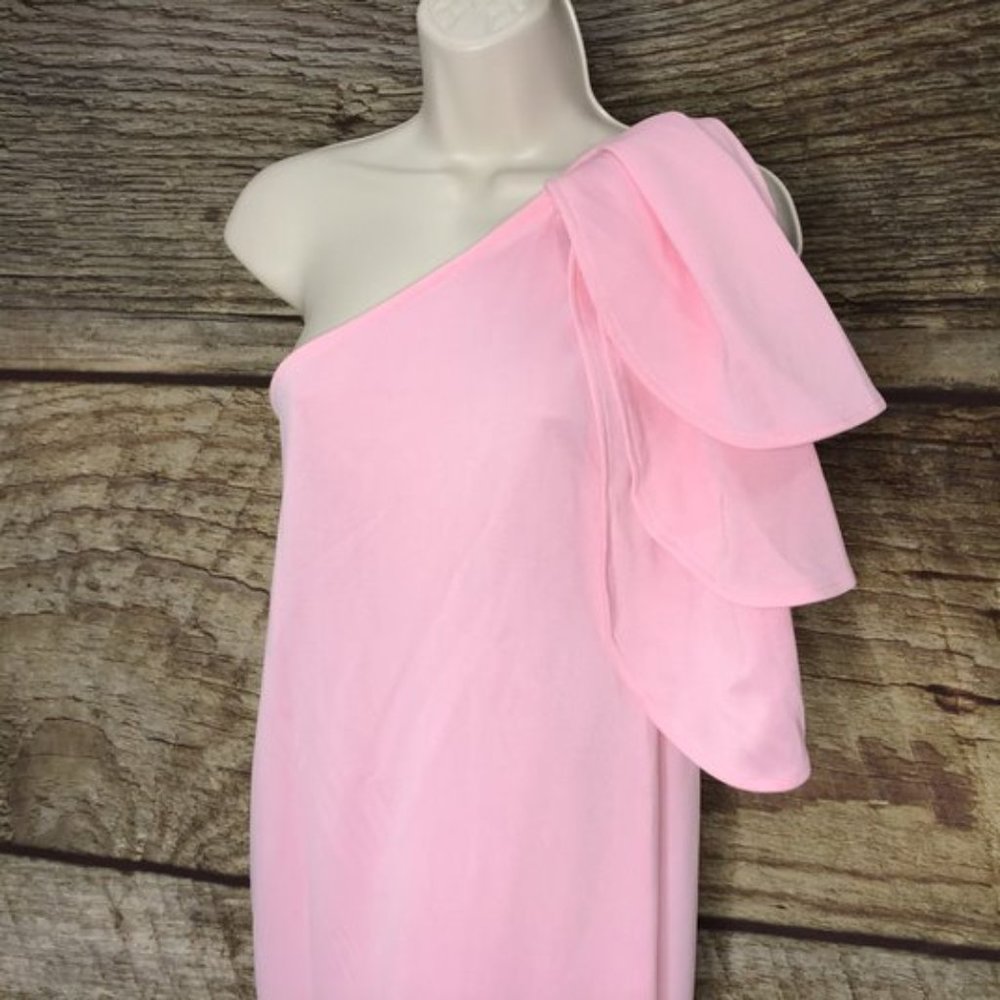 OrderPlus Med Pink One Ruffle Shoulder Maxi Dress - Picture 2 of 6